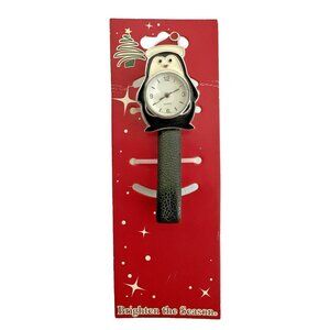 Rare Christmas Penguin Watch Quartz Singapore Movement Black Leather Band NEW
